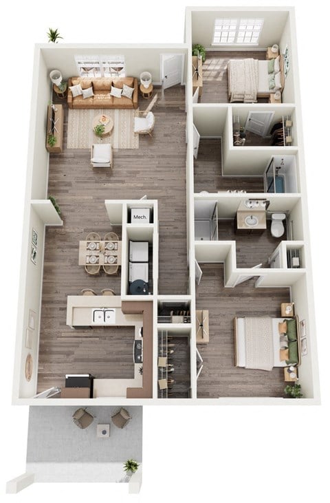 Floor plan for 2 beds, 2 baths, 1250 sqft